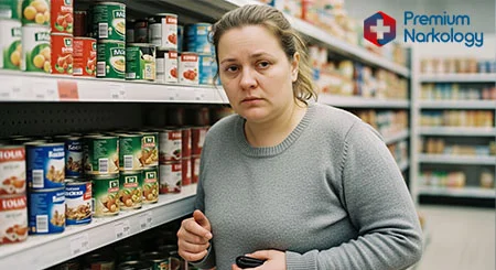 Девушка стоит в магазине возле продуктных полок